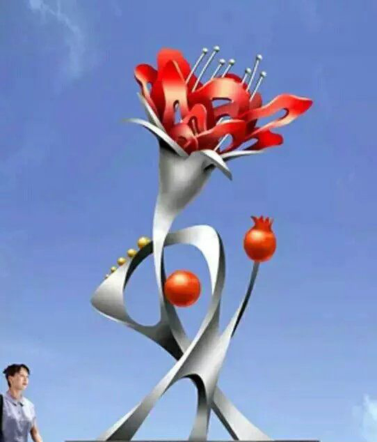 广场不锈钢石榴和石榴花雕塑图片
