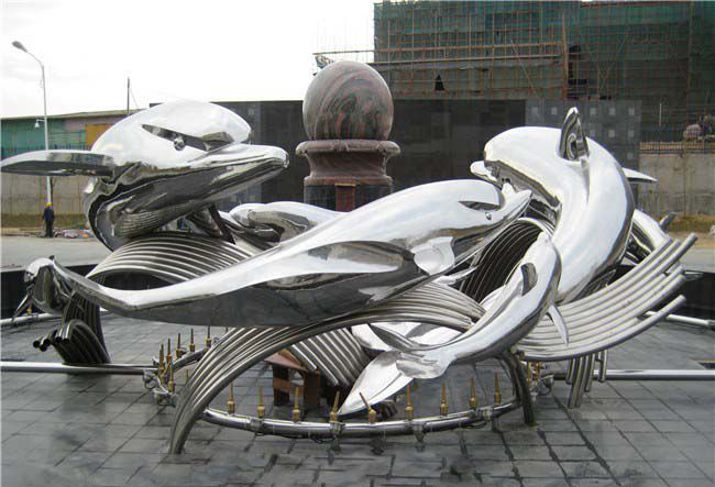 城市不锈钢浪花和海豚雕塑图片