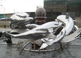 城市不锈钢浪花和海豚雕塑