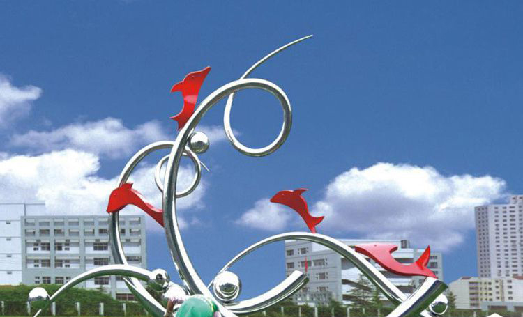 不锈钢浪花和鱼广场景观雕塑图片