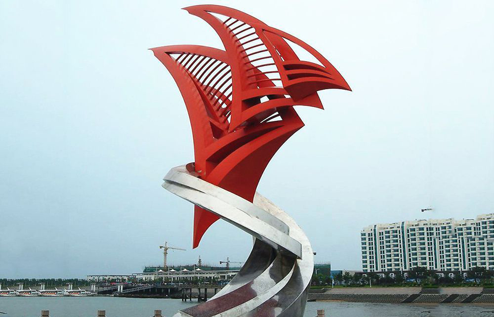 不锈钢抽象帆船海边景观雕塑图片