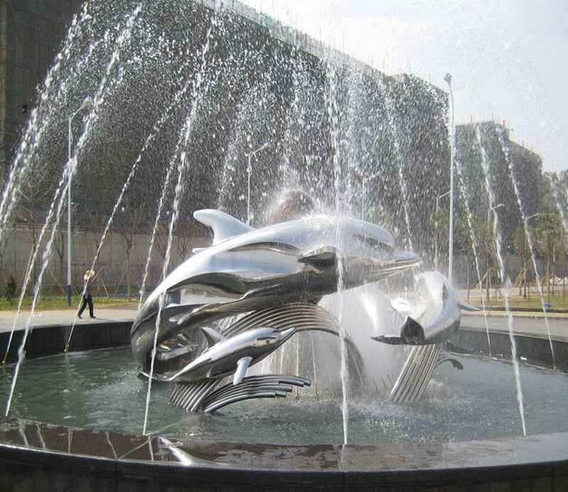 不锈钢商场大型景观鱼喷泉雕塑图片