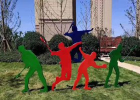 彩色不锈钢剪影打羽毛球人物雕塑