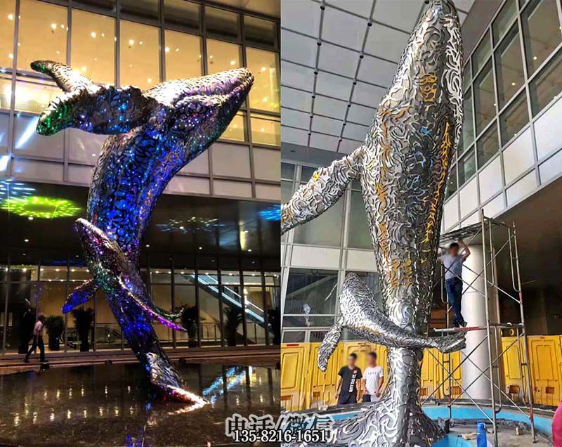 镂空发光不锈钢鲸鱼雕塑